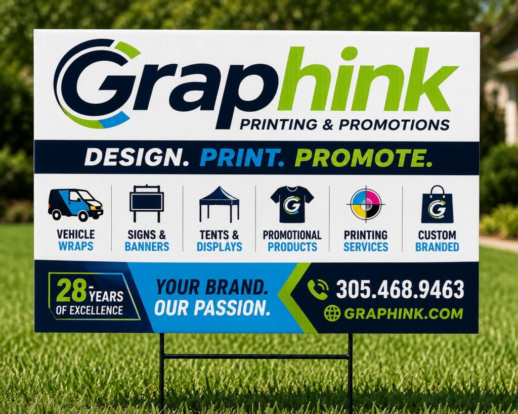 Miami yard signs - custom corrugated plastic yard sign printed by Graphink, staked on a lawn in Miami, FL