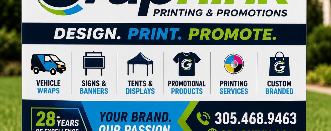 Miami yard signs - custom corrugated plastic yard sign printed by Graphink, staked on a lawn in Miami, FL