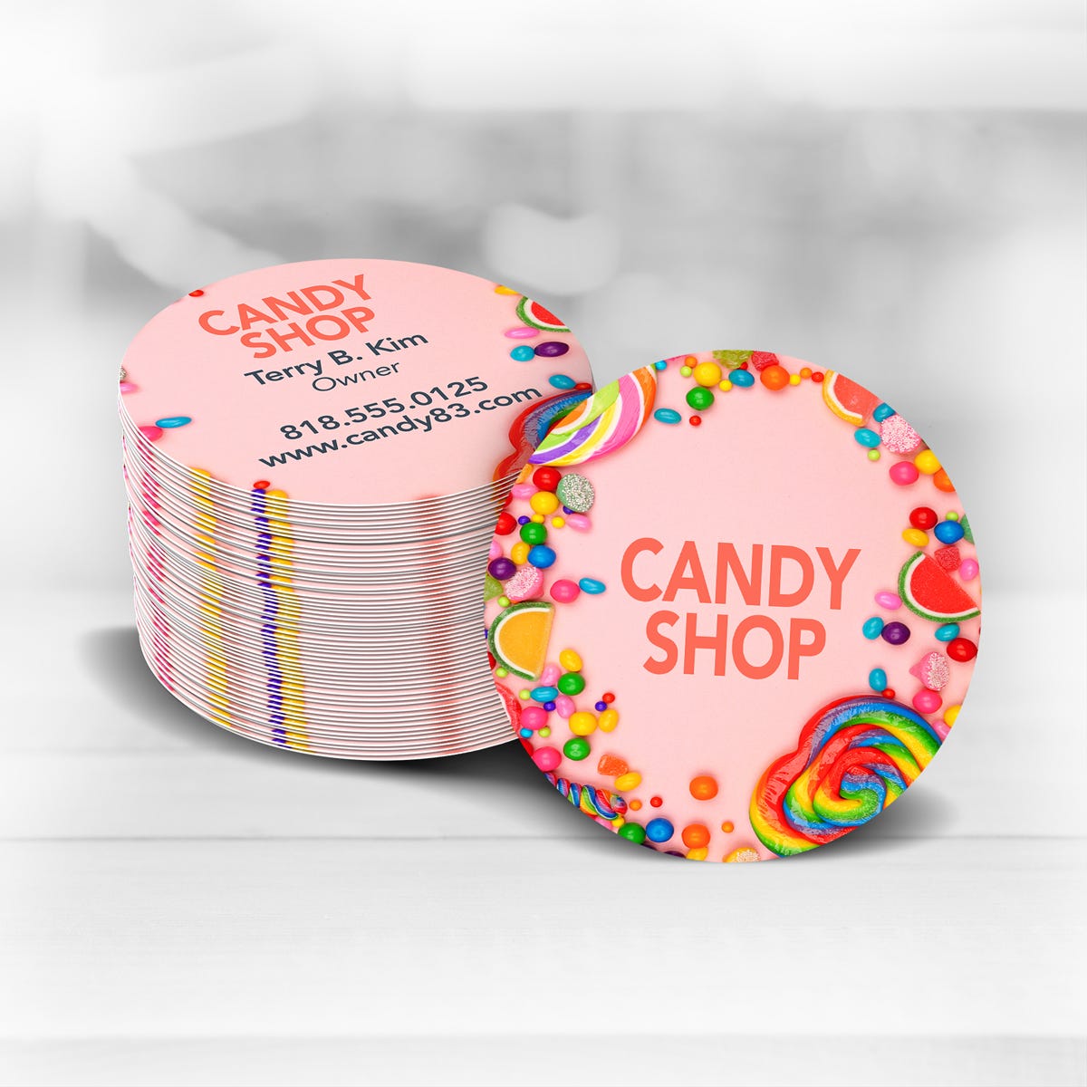 Circle business cards for a candy shop