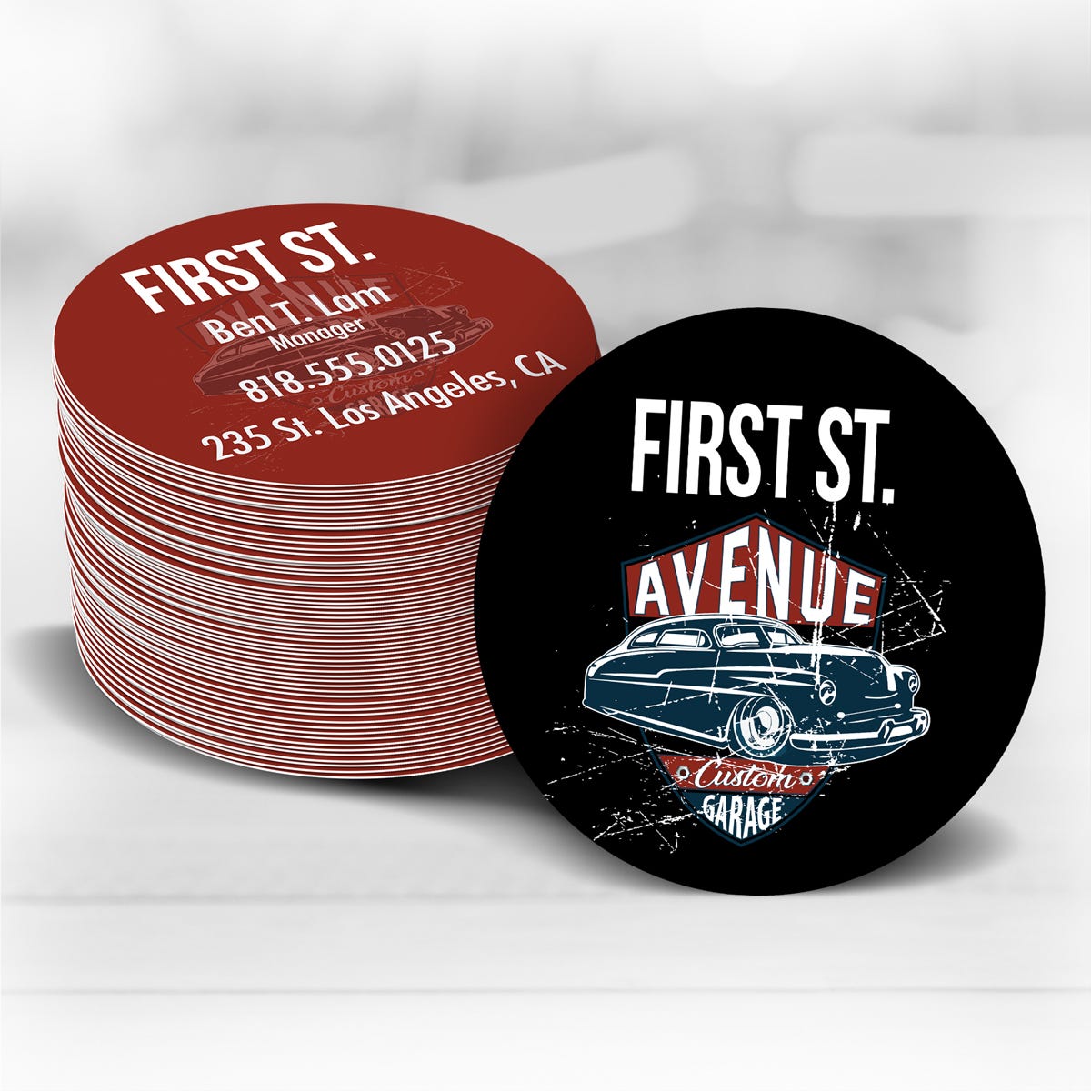 Round business cards for a custom car garage